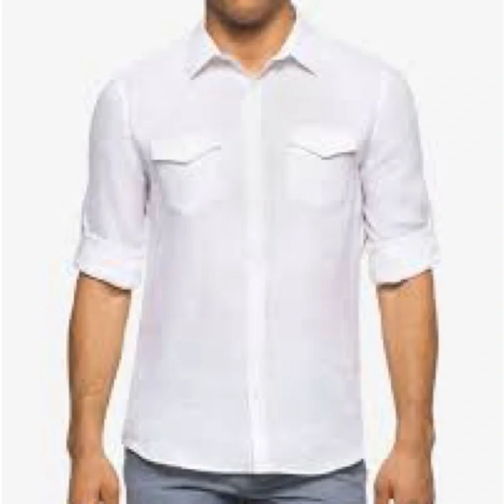 Calvin Klein Linen Shirt‎ Men’s Large White Roll Tab Sleeves Resort Quiet Luxury